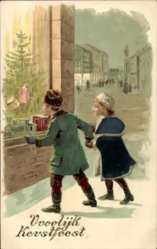 Litho Frohe Weihnachten, Kinder vor dem Schaufenster eines Spielzeuggeschäftes