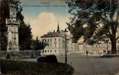 Ak Freiberg in Sachsen, Schwedendenkmal und Petersstrasse
