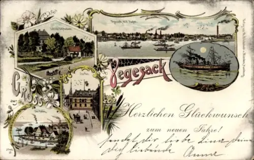 Litho Vegesack Hansestadt Bremen, Neujahr, Schloss, Hafen, Schiff