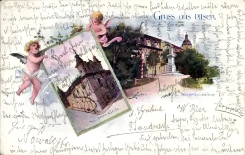 Künstler Ak Plzeň Pilsen Stadt, St. Anna Kirche, K. k. Staatsgymnasium