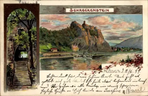 Litho Ústí nad Labem Aussig Elbe Stadt, Burg Schreckenstein, Hrad Strekov