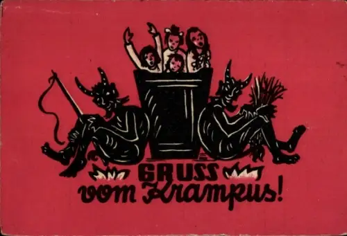 Ak Gruß vom Krampus, Kinder in einem Kessel