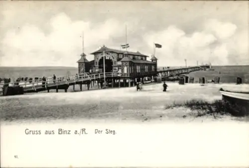 Ak Ostseebad Binz auf Rügen, Strandpartie, Seesteg