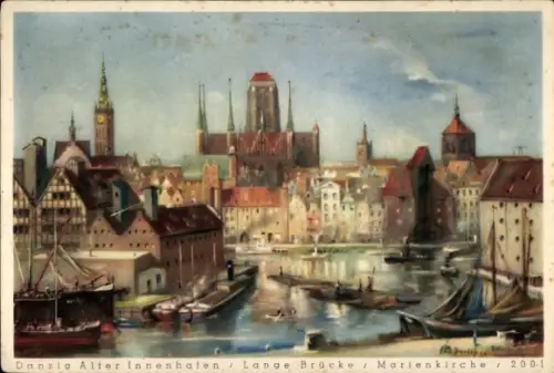 Künstler Ak Paetsch, Bruno, Gdańsk Danzig, Alter Innenhafen, Lange Brücke, Marienkirche