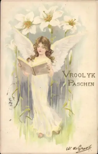 Präge Litho Frohe Ostern, Engel mit Liederbuch, Lilien