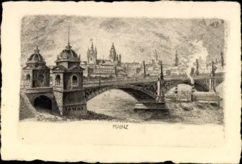 Ak Mainz am Rhein, Rheinbrücke, Originalradierung von G. W. Schwenzer