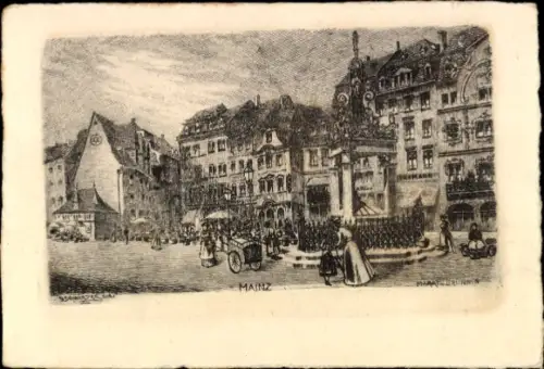 Ak Mainz am Rhein, Markt, Brunnen, Originalradierung von G. W. Schwenzer