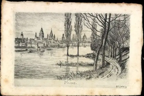 Ak Mainz am Rhein, Panorama, Originalradierung von B. Liebig