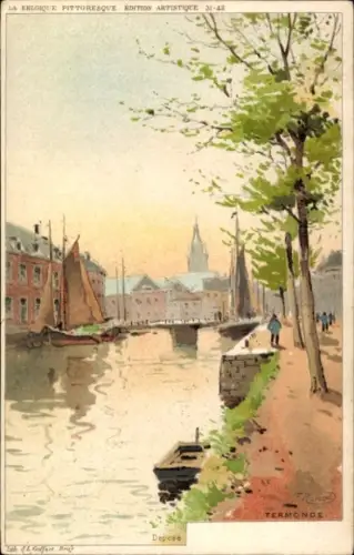Künstler Litho Ranot, F., Dendermonde Termonde Ostflandern Belgien, Flusspartie, Segelboote