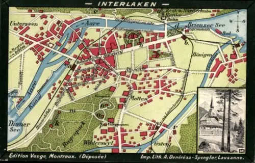 Stadtplan Ak Interlaken Kanton Bern Schweiz, Aare, Hauptbahnhof, Restaurant Harderkulm