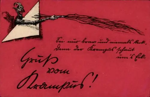 Ak Gruß vom Krampus, Rute, Sei nur brav und niemals keck