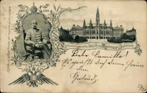 Ak Wien 1 Innere Stadt, Rathaus, Kaiser Franz Josef, 50jähr. Regierungsjubiläum, 1848-1898