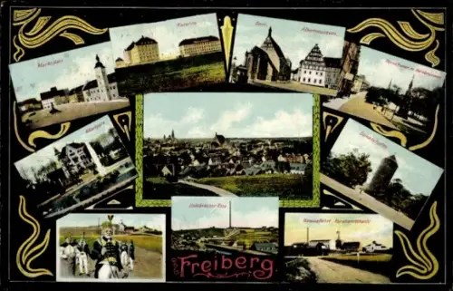 Ak Freiberg in Sachsen, Marktplatz, Kaserne, Dom, Albertmuseum, Albertpark, Donatsturm