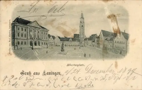 Ak Lauingen an der Donau Schwäbische Alb, Marktplatz mit Brunnen, hoher Turm, großes Amtshaus mit