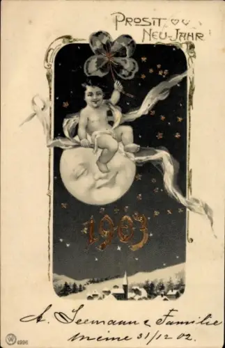 Ak Glückwunsch Neujahr 1903, Mond, Kind, Glücksklee