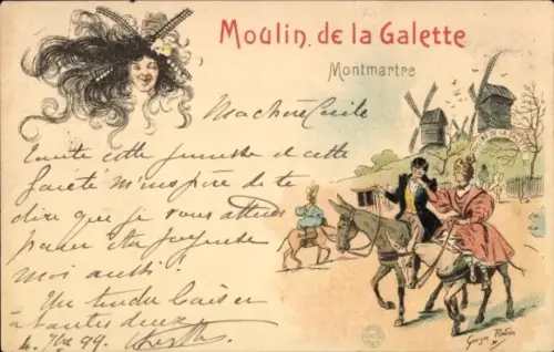 Künstler Litho Paris XVIII Montmartre, Liebespaar zu Pferde, Windmühlen