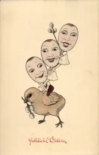 Künstler Ak Frohe Ostern, Vermenschlichte Ostereier auf einem Küken, BKWI 4120-4