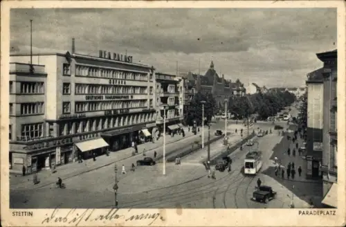 Ak Szczecin Stettin Pommern, Paradeplatz, Straßenbahn