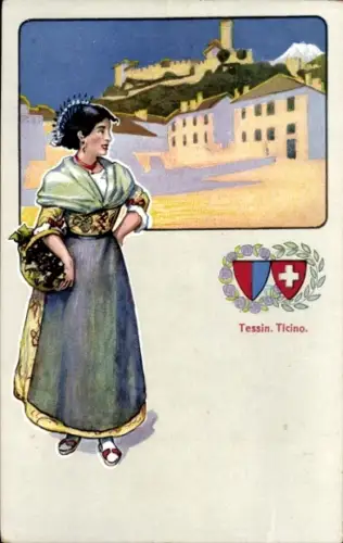 Wappen Ak Kanton Tessin Ticino, Frau in Volkstracht