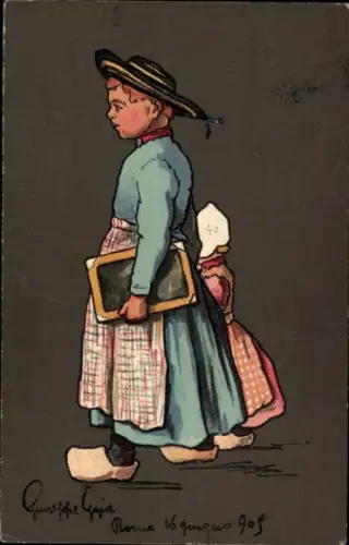 Künstler Ak Mutter und Kind in niederländischer Tracht auf dem Weg zur Schule, Schreibtafel