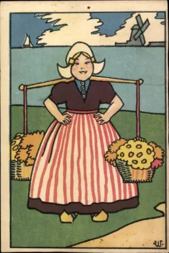 Künstler Ak Frau in niederländischer Tracht, Windmühle