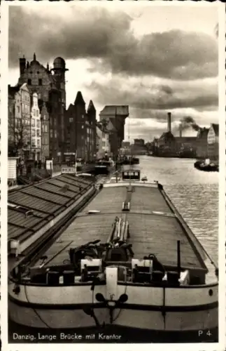 Ak Gdańsk Danzig, Lange Brücke, Krantor, Frachtschiff
