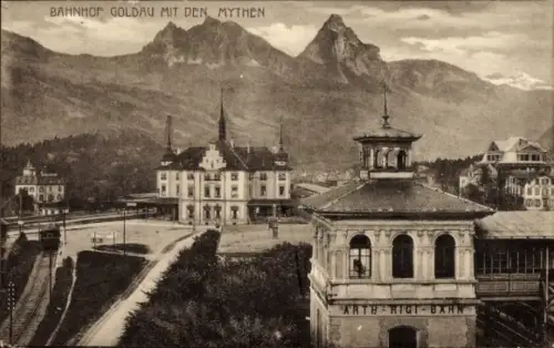 Ak Goldau Arth Kanton Schwyz, Bahnhof, Mythen