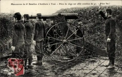 Ak Toul, Französ. Armee, 6. Artillerie-Bataillon im Manöver, Belagerungsgeschütz auf Omnibus-Lafette