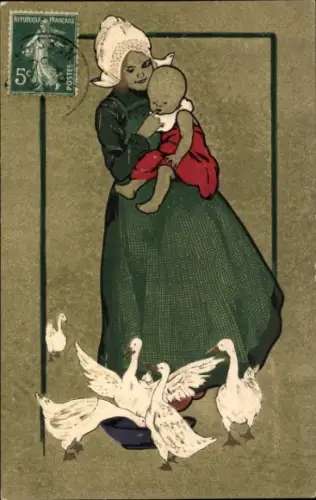 Ak Frau in niederländischer Tracht mit Baby, Gänse
