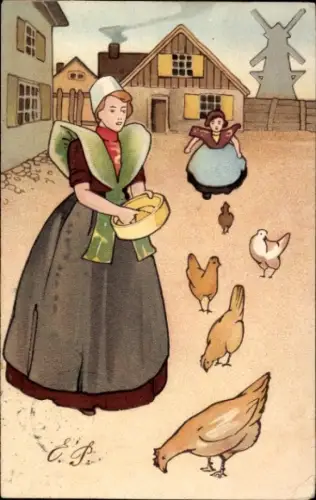 Litho Frau in niederländischer Tracht, Hühner