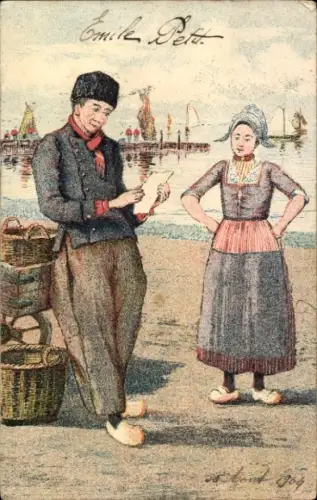 Künstler Ak Paar in Niederländischen Trachten, Hafenpartie