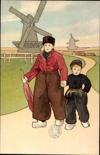 Litho Niederländer in Trachten, Holzschuhe, Windmühlen