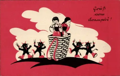 Ak Gruß vom Krampus, weinende Mädchen in einer Kiepe