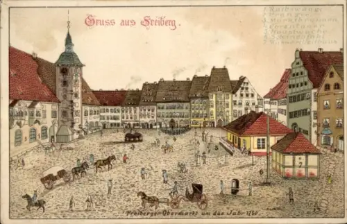 Ak Freiberg in Sachsen, Freiberger Obermarkt, Marktbrunnen, Schandpfahl