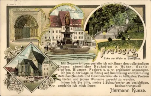 Litho Freiberg in Sachsen, Geschäftshaus Hermann Kunze, Weingasse Ecke Borngasse, Dom, Denkmal
