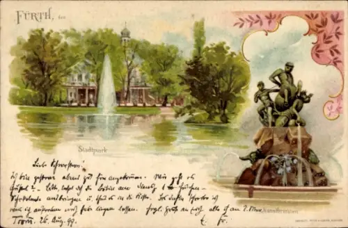 Litho Fürth in Mittelfranken, Teich im Stadtpark, Kunstbrunnen