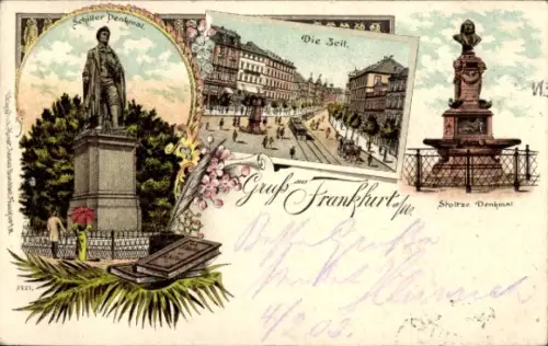 Litho Frankfurt am Main, Die Zeil, Straßenbahn, Schillerdenkmal, Stoltzedenkmal