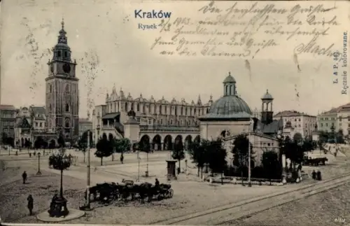 Ak Kraków Krakau Polen, Marktplatz mit Arkadenhalle, Kuppelbau, hoher Turm, Pferdekutschen, Passa