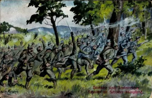 Ak Deutsche und österreichische Soldaten, Schlachtfeld, Waffenbrüderschaft