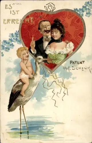 Ak Liebespaar, Baby auf Storch