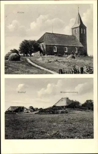 Ak Westerhever Nordfriesland, Kirche, Totalansicht, Siekhof und Wogemannsburg