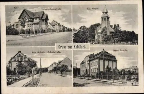 Ak Węgliniec Kohlfurt Schlesien, Hohenzollernstraße, Evangelische Kirche, Alte Schule, Schulstraße