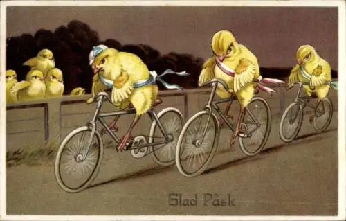 Ak Glückwunsch Ostern, Küken, Radrennen