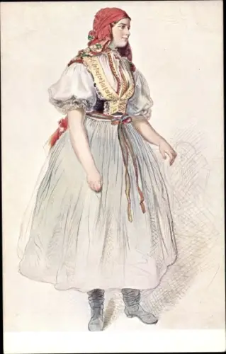 Künstler Ak Manes, J., Frau in tschechischer Tracht, Devce z Bilovic, Jeune fille de Bilovice