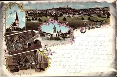 Litho Schleiz im Vogtland Thüringen, Bergkirche, Kaiser Wilhelm Denkmal, Gesamtansicht