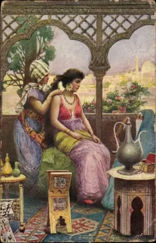 Künstler Ak At Toilet, Ägypten, ägyptische Frau bei der Körperpflege, Dienerin