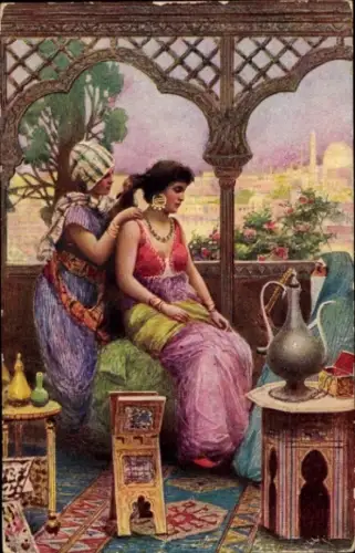 Künstler Ak At Toilet, Ägypten, ägyptische Frau bei der Körperpflege, Dienerin