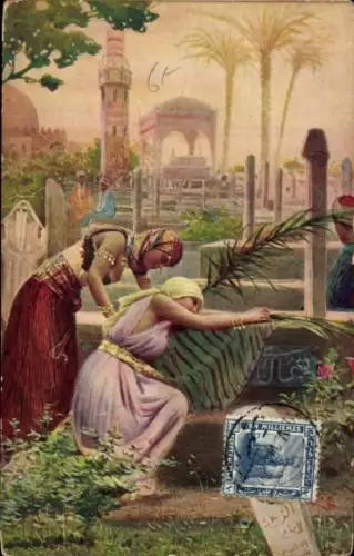 Künstler Ak Ägypten, On an Arabian Cemetery, Arabische Frauen, Friedhof