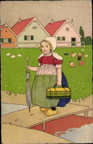 Künstler Ak Mädchen in niederländischer Tracht, Hühner