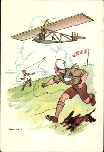 Künstler Ak Marton, Pfadfinder, Dackel, Flugzeug